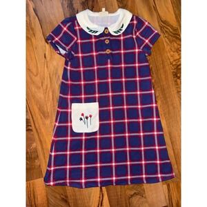 Finding Foxtale Plaid Dress Kids 6 Blue Red Embroidered Peter Pan Collar Cottge